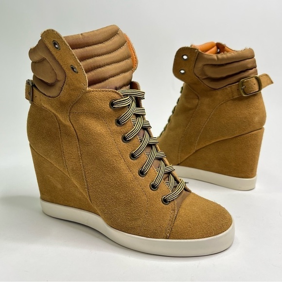 PAJAR Tan Camel Suede Lace-up Workboot Style Wedge Sneaker Buckle Booties Boots - Picture 1 of 13